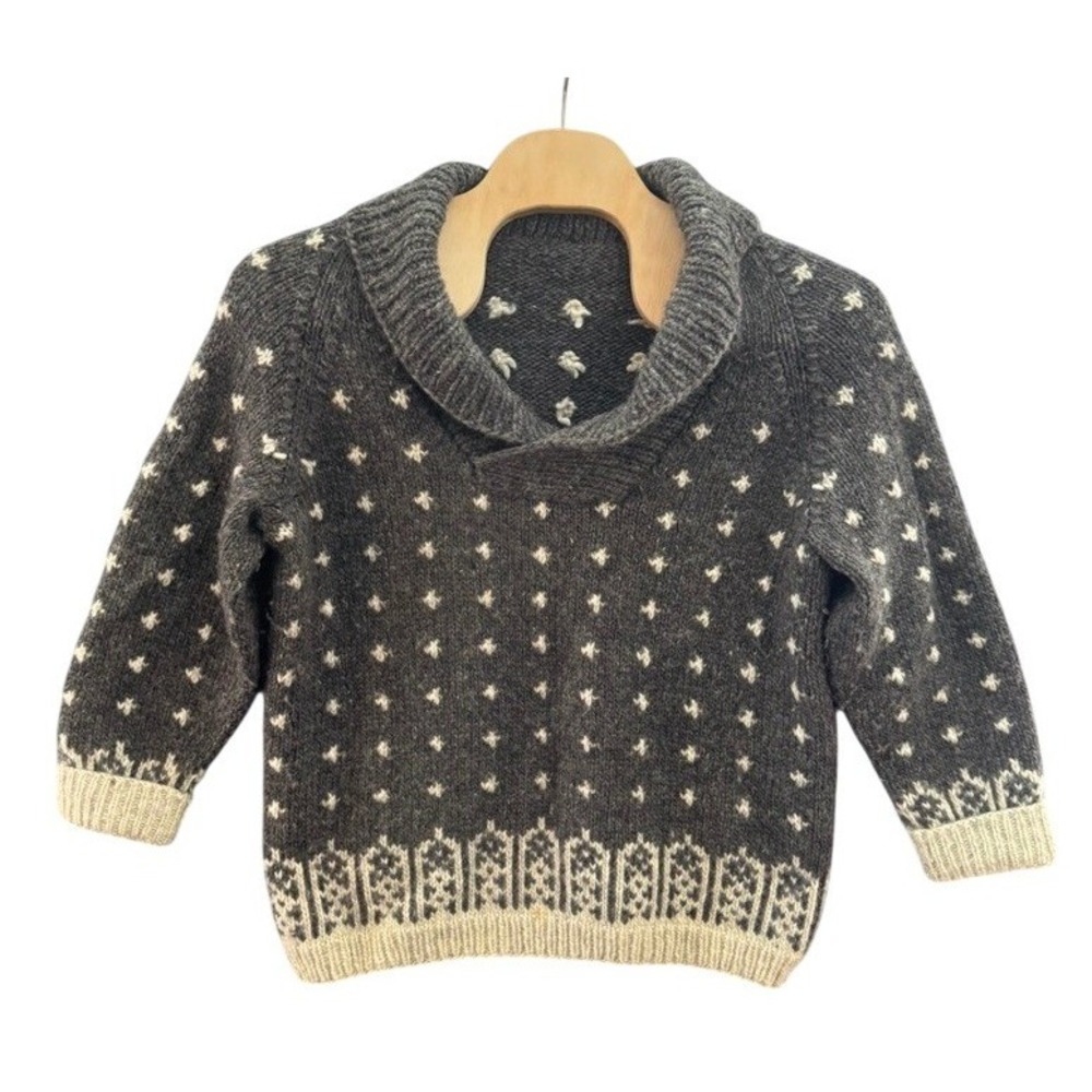 Handmade Knit Shawl Collar Sweater Gray Cream Fair Isle Geometric Men's XL